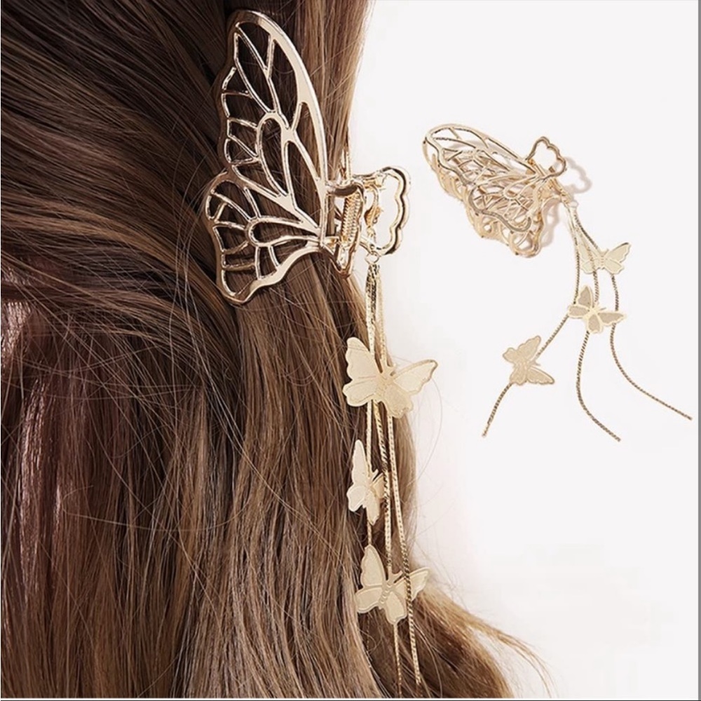 Gold Butterfly Hair Clip With Chain